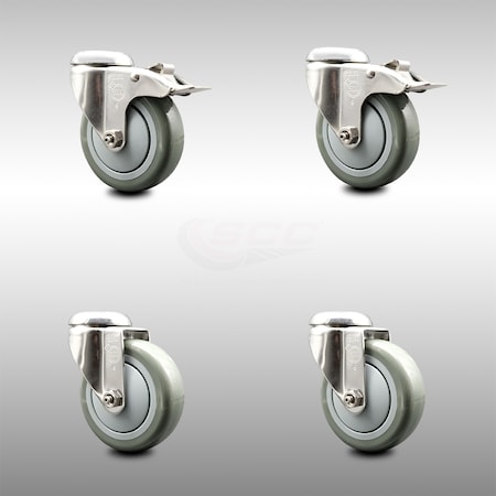 Service Caster 4 Inch 316SS Gray Polyurethane Swivel Bolt Hole Caster Set with 2 Lock Brake SCC-SS316BHTTL20S414-PPUB-2-S-2